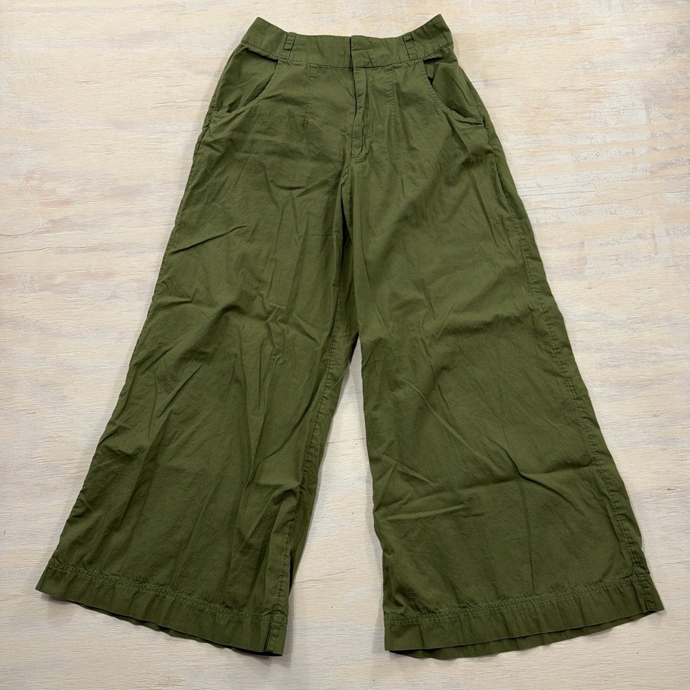 Free People Pants Wide Leg High Rise Cotton Crop 4 Olive Green Womens